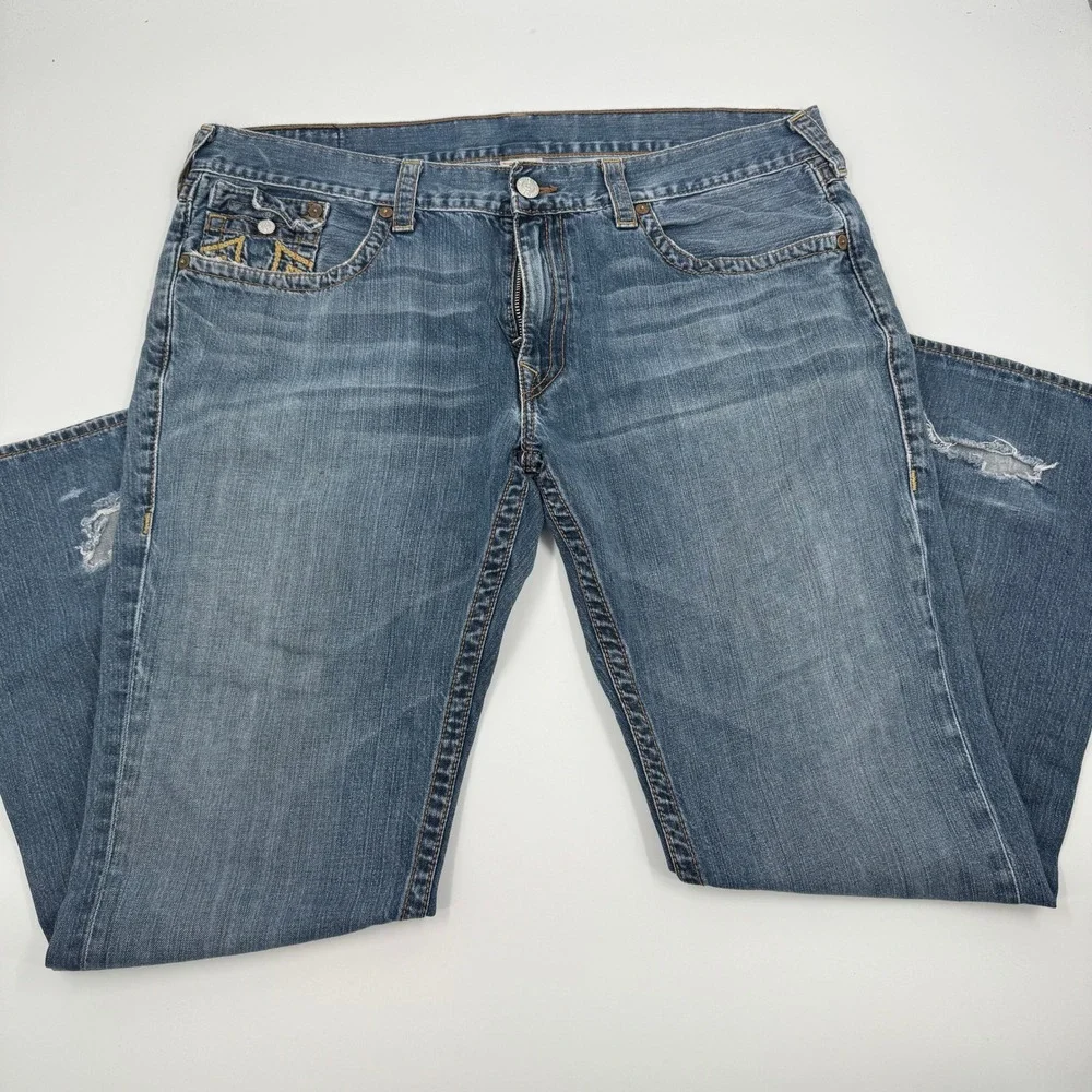 True Religion Straight Leg Jeans Mens 42 Blue Contrast Thick Stitch Made‎ in USA